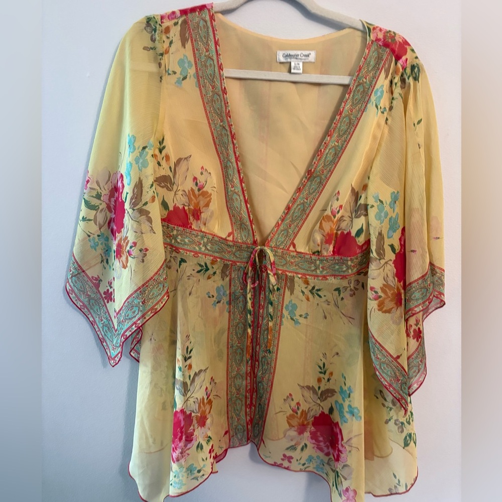 Coldwater Creek Asymmetrical Yellow Flutter Sleeve Blouse